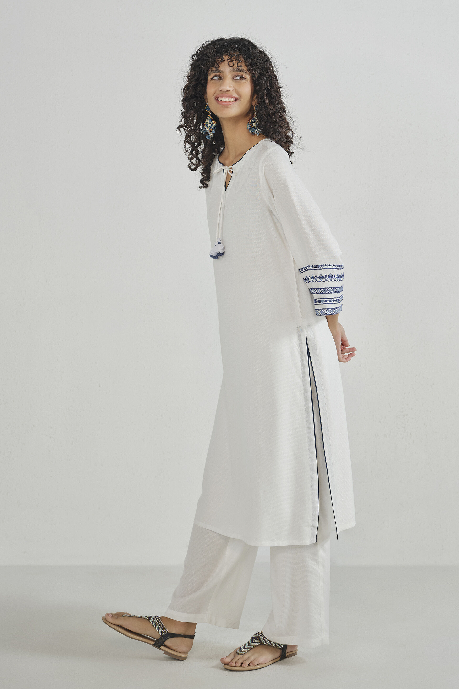 White Embroidered Long Kurta Set, White, image 6